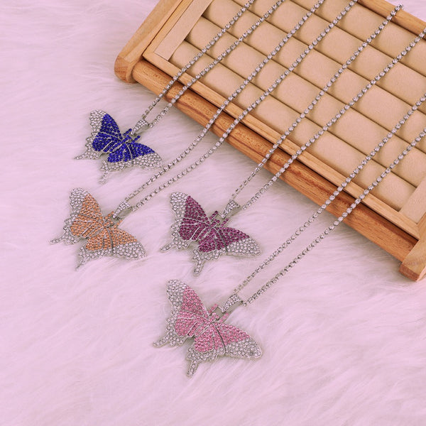 Butterfly Rhinestone Studded Alloy Necklace