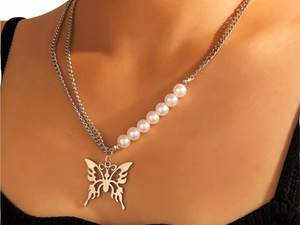 Hollow Butterfly Pendant Pearl Chain